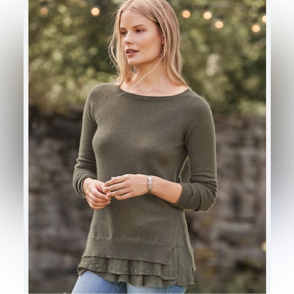 Garnet Hill Olive Green Shirttail Cashmere Sweater Size XS New Without Tag! - Picture 2 of 8